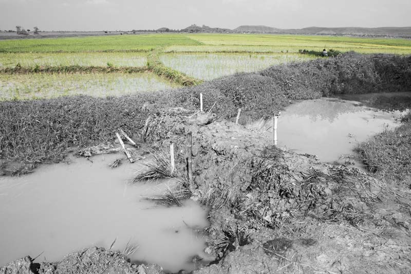 Water level in a smaller 'pyne' from Patesar Ahar being raised through temporary earthen bunding to enable irrigation in Kaimur district, Bihar